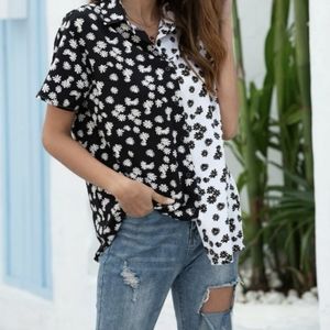 Black and White Color Block Daisy Print Button Down shirt